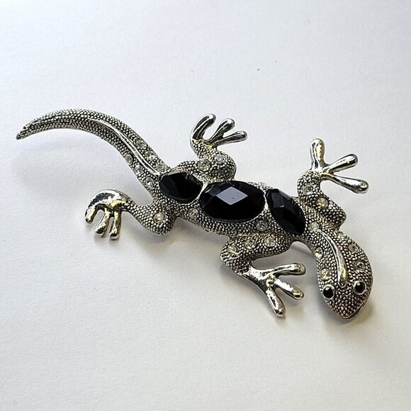 Silver Lizard Brooch Pin Rhinestone Gecko or Lizard Brooch Pin - Picture 5 of 14